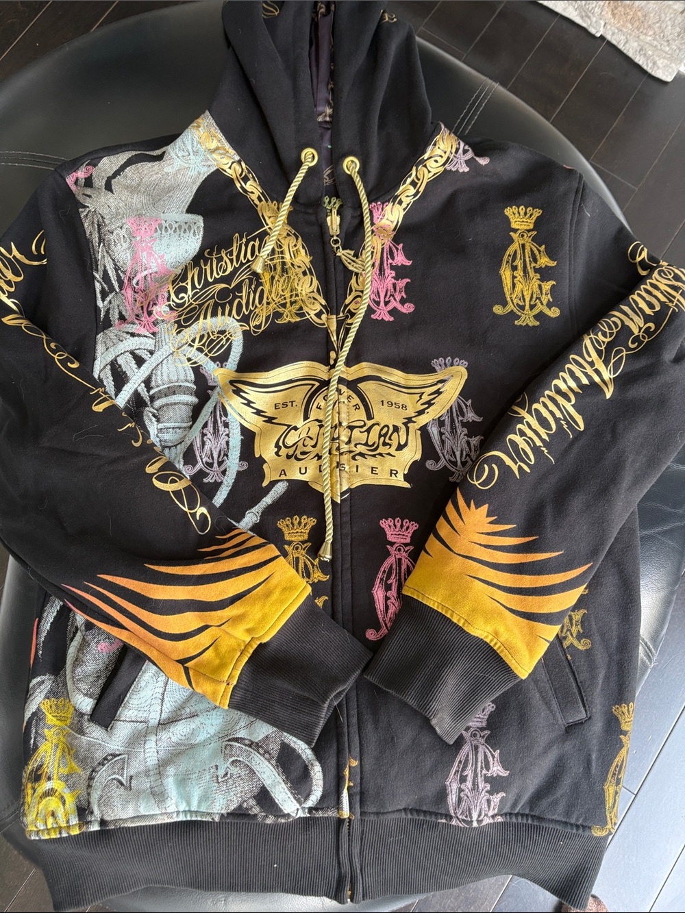 Christian Audigier Black Hoodie with Green and Gold Printed Lining